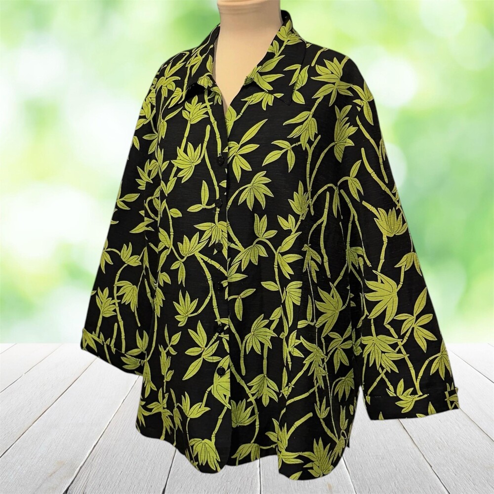 Vintage SILKLAND Silk Jacket Bamboo Leaf Print Sequin Black Green Lined Plus 2X